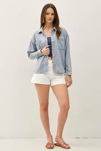 The Mercer Cropped Denim Shacket – Garment Dyed Stretch Shirt Jacket for Women