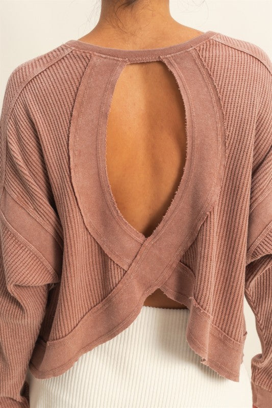 Willow Open Back Textured Knit Sweater Top – Casual Chic Long Sleeve Layering Piece