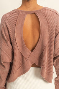 Willow Open Back Textured Knit Sweater Top – Casual Chic Long Sleeve Layering Piece