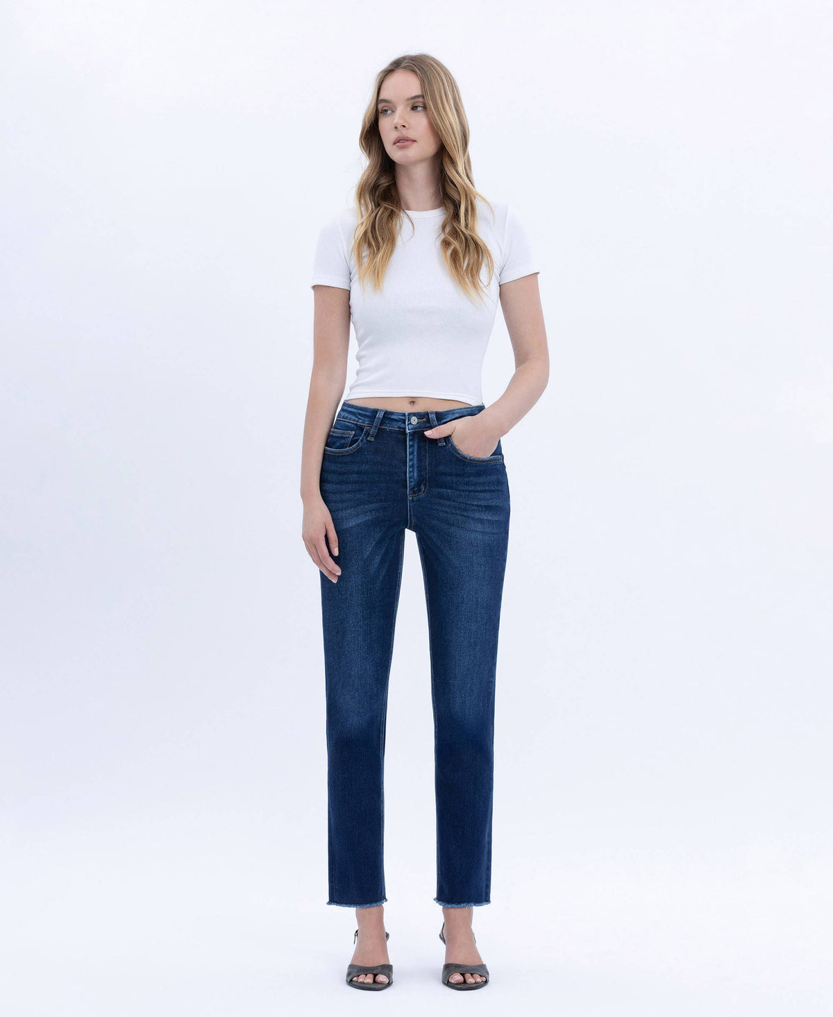 Vervet by Flying Monkey "Elara" Super High Rise Slim Straight Jeans – Raw Hem Cropped Denim