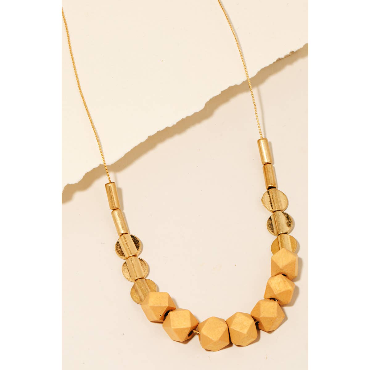 Chunky Wood And Metallic Beaded Necklace: Gold