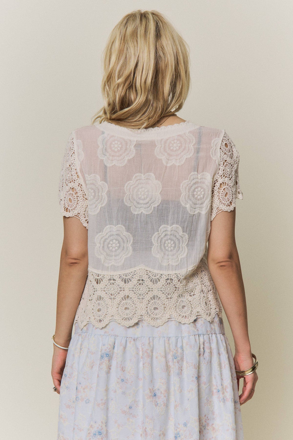 The Everly Embroidered Crochet Lace Blouse: Beige