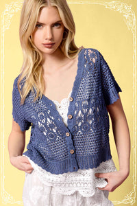 The Freya Crochet Cardigan Top: Indigo– Boho Open Knit Button Front Lace Top