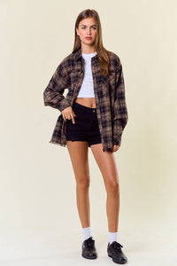 Rory Fringe Hem Flannel: Black/Brown – Oversized Plaid Button Down Shirt