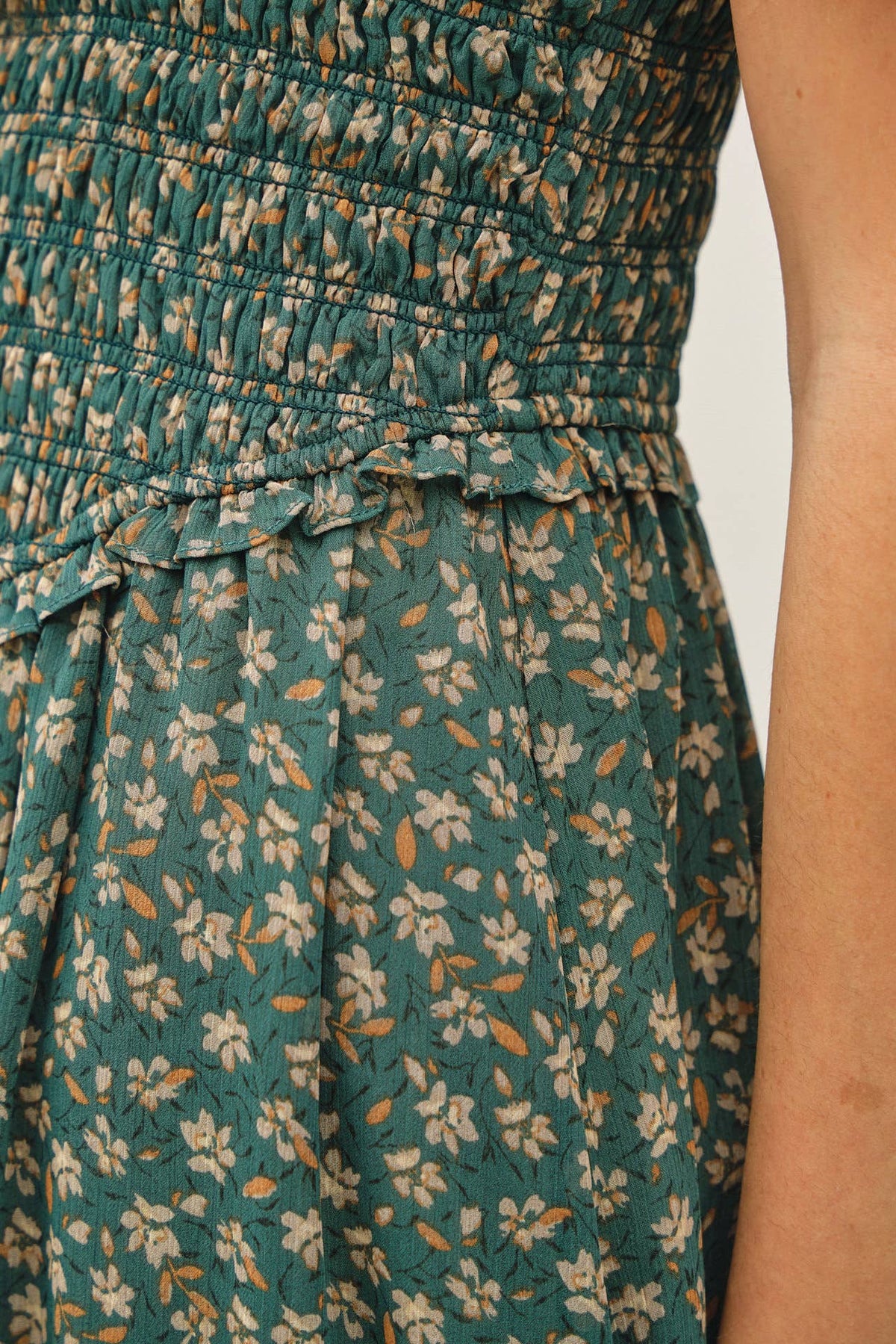 The Everly Floral Midi Dress: Agave Green – Smocked Bodice Ruffle Strap Fit & Flare Dress