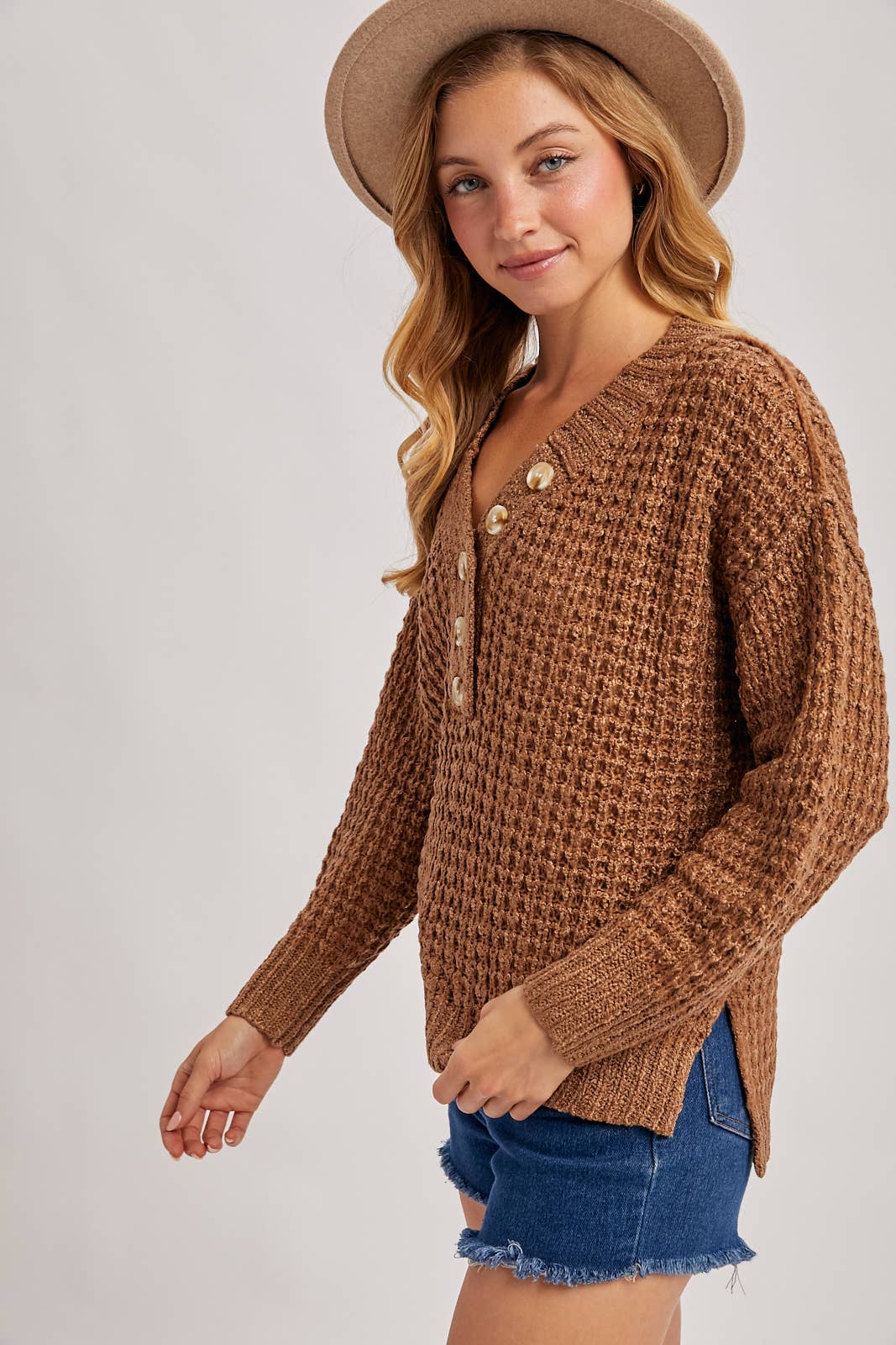 THERMAL HENELY SWEATER TOP: BEIGE / M/L