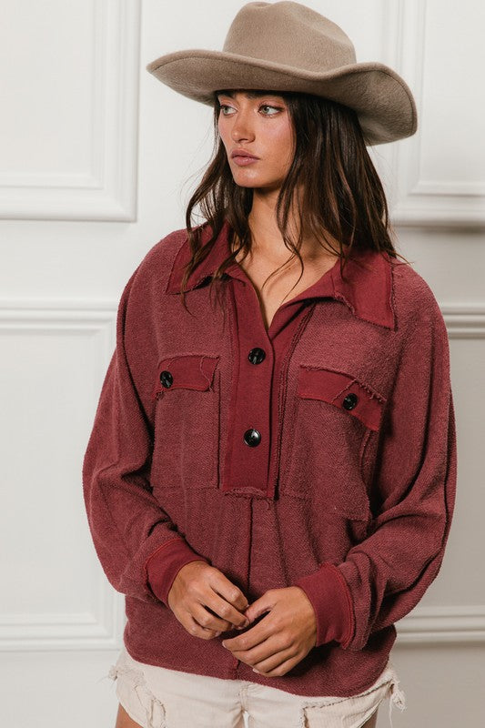 Lottie Button Detail Pullover: Marsala