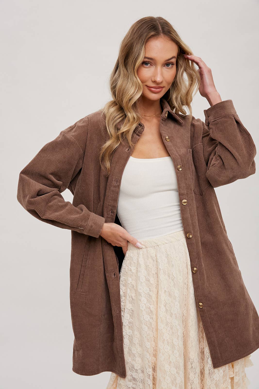 Clara Oversized Corduroy Jacket – Mocha Button-Down Shacket with Pockets