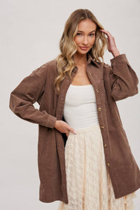 Clara Oversized Corduroy Jacket – Mocha Button-Down Shacket with Pockets
