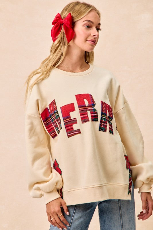 The Holly Jolly Plaid “Merry” Sweatshirt – Cream