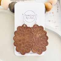 Dahlia Embossed Leather Drop Earrings – Western Boho Statement Jewelry, Nickel-Free