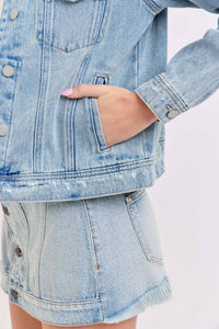 The Maggie Cropped Denim Jacket – Women’s Frayed Hem Button-Down Jean Jacket