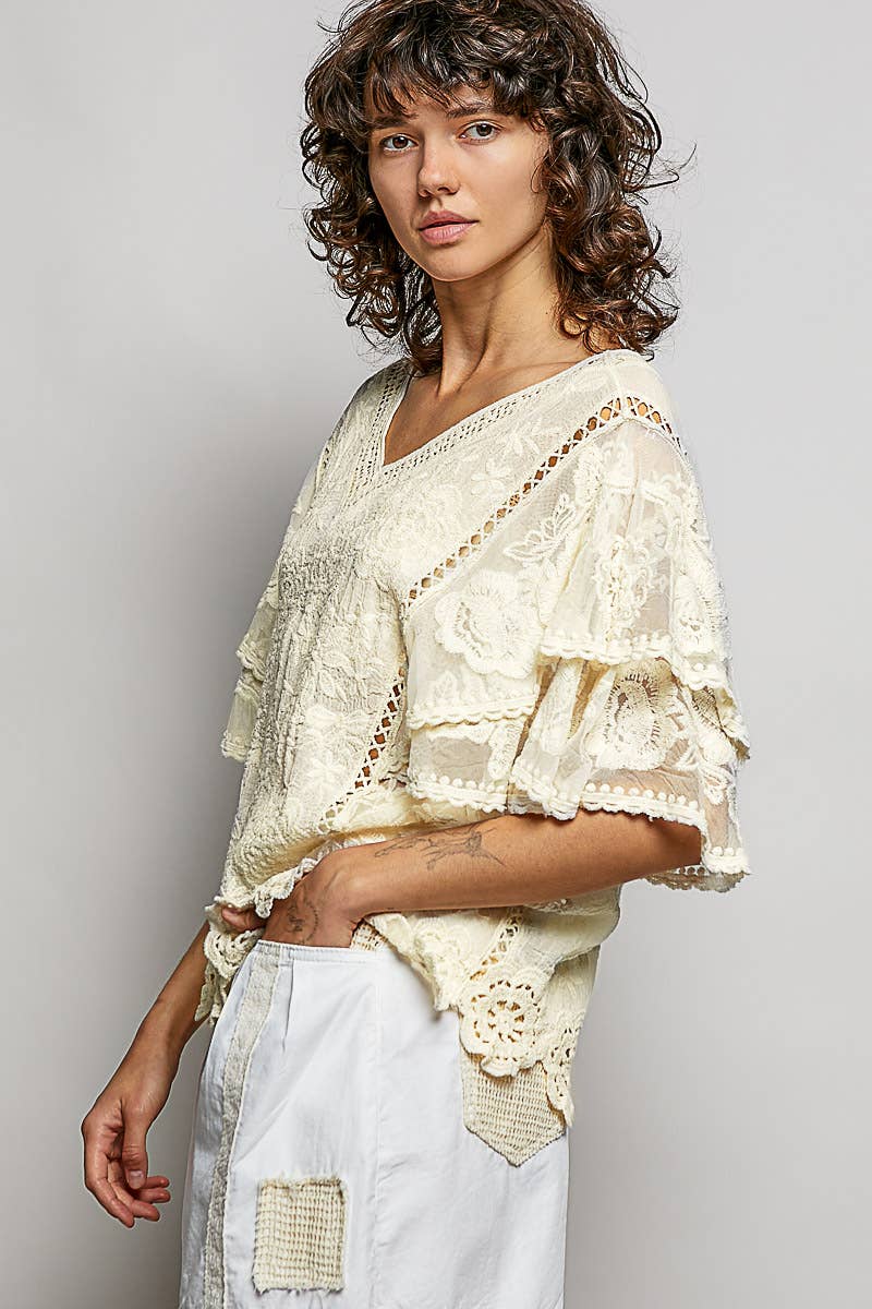 V-neck Short Sleeve Crochet Trim Solid Top: CAMEL / Os