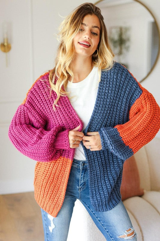 Bella Color Block Chunky Knit Cardigan: Magenta/ Navy/ Rust