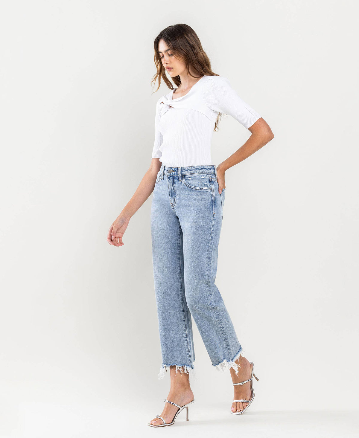 Vervet By Flying Monkey High Rise Distressed Crop Dad Jeans: Light Wash