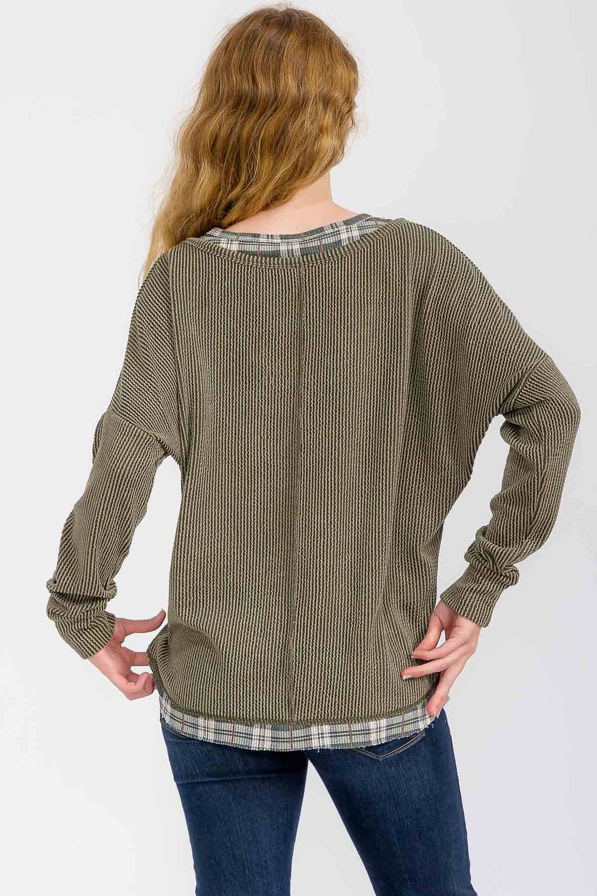 The Wren Plaid Trim Waffle Knit Top – Olive