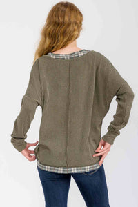 The Wren Plaid Trim Waffle Knit Top – Olive