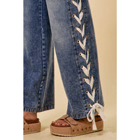 The Lacey Mid Rise Lace-Up Straight Leg Jeans: Medium Wash