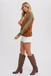Sutton Contrast Sleeve Oversized Long Sleeve Top – Chestnut & Olive