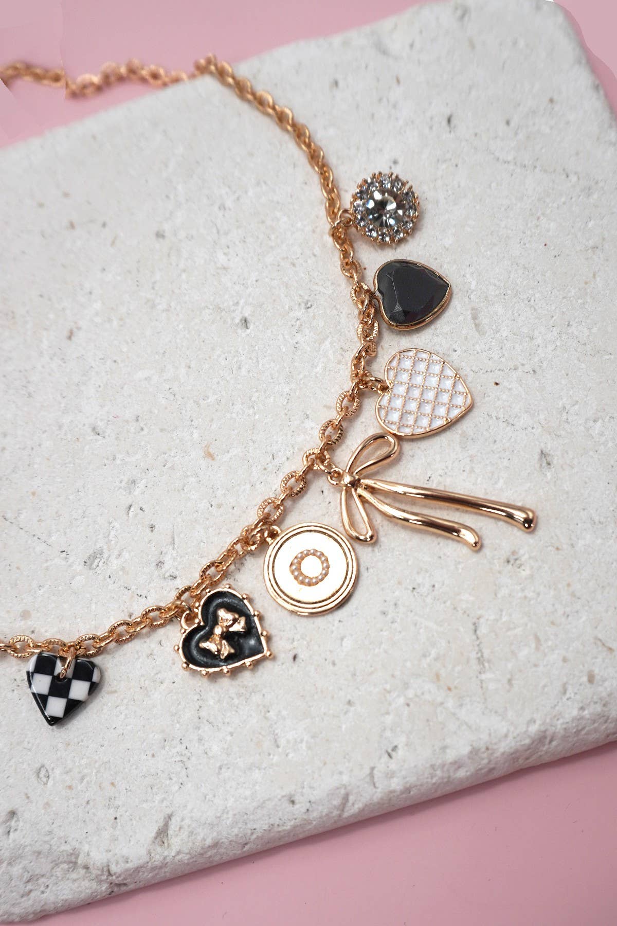 Colette Charm Necklace – Gold Chain with Bow, Checker Heart & Rhinestone Charms