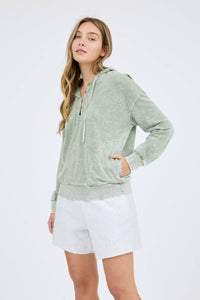 Jane Washed Hooded Henley Hoodie: Wash Olive