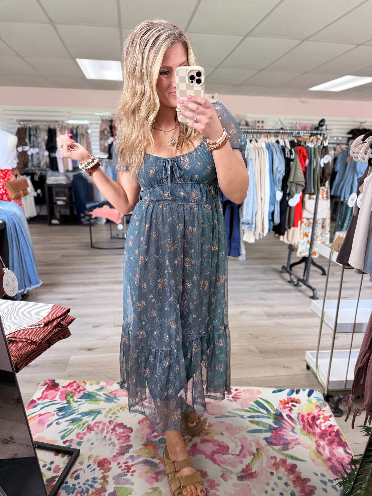 The Meadow Rose Sheer Puff Sleeve Midi Dress – Teal Floral