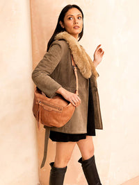 Jen & Co. Leigh Distressed Hobo Bag: Caramel– Vegan Leather Studded Crossbody Tote