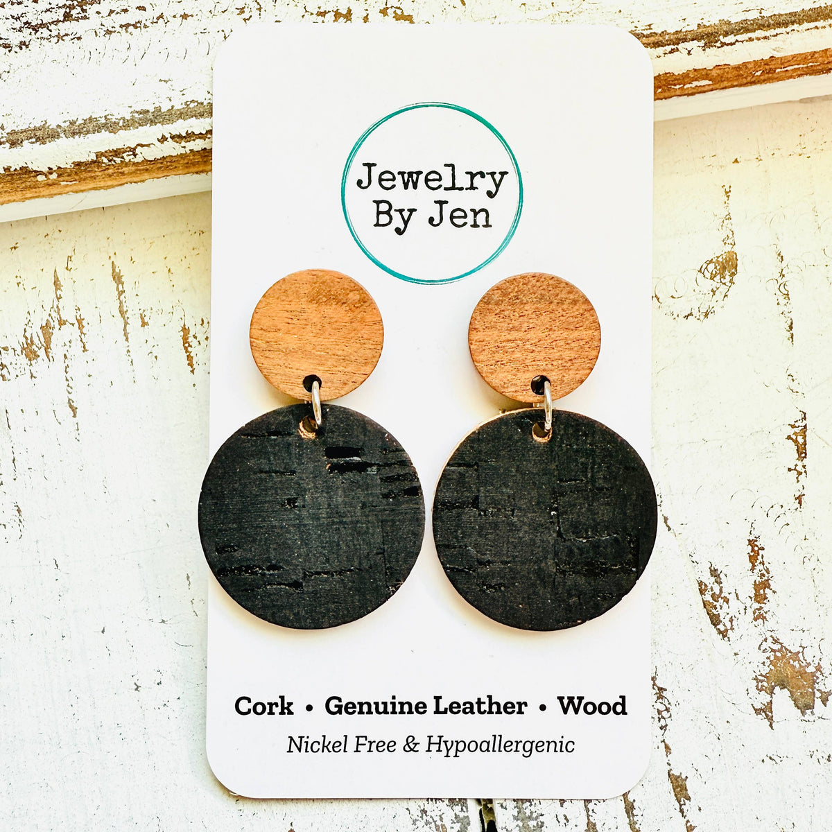 Hudson Black Cork & Wood Circle Earrings – Nickel-Free Hypoallergenic Studs