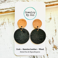 Hudson Black Cork & Wood Circle Earrings – Nickel-Free Hypoallergenic Studs