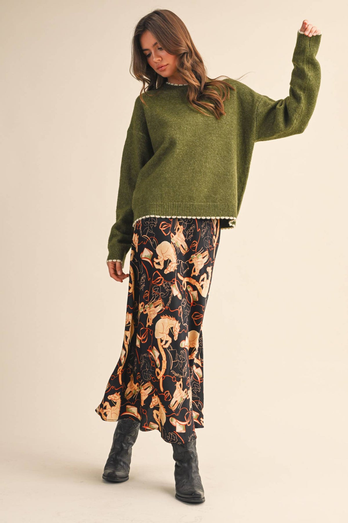 The Bria Scalloped Edge Sweater – Women’s Contrast Trim Knit Pullover, Heathered Drop Shoulder Sweater Top