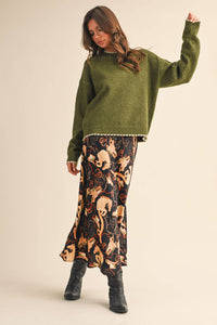 The Bria Scalloped Edge Sweater – Women’s Contrast Trim Knit Pullover, Heathered Drop Shoulder Sweater Top