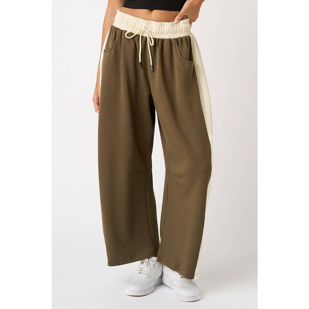 Olive Cloud Knit Contrast Stripe Barrel Pants: Olive/Ivory