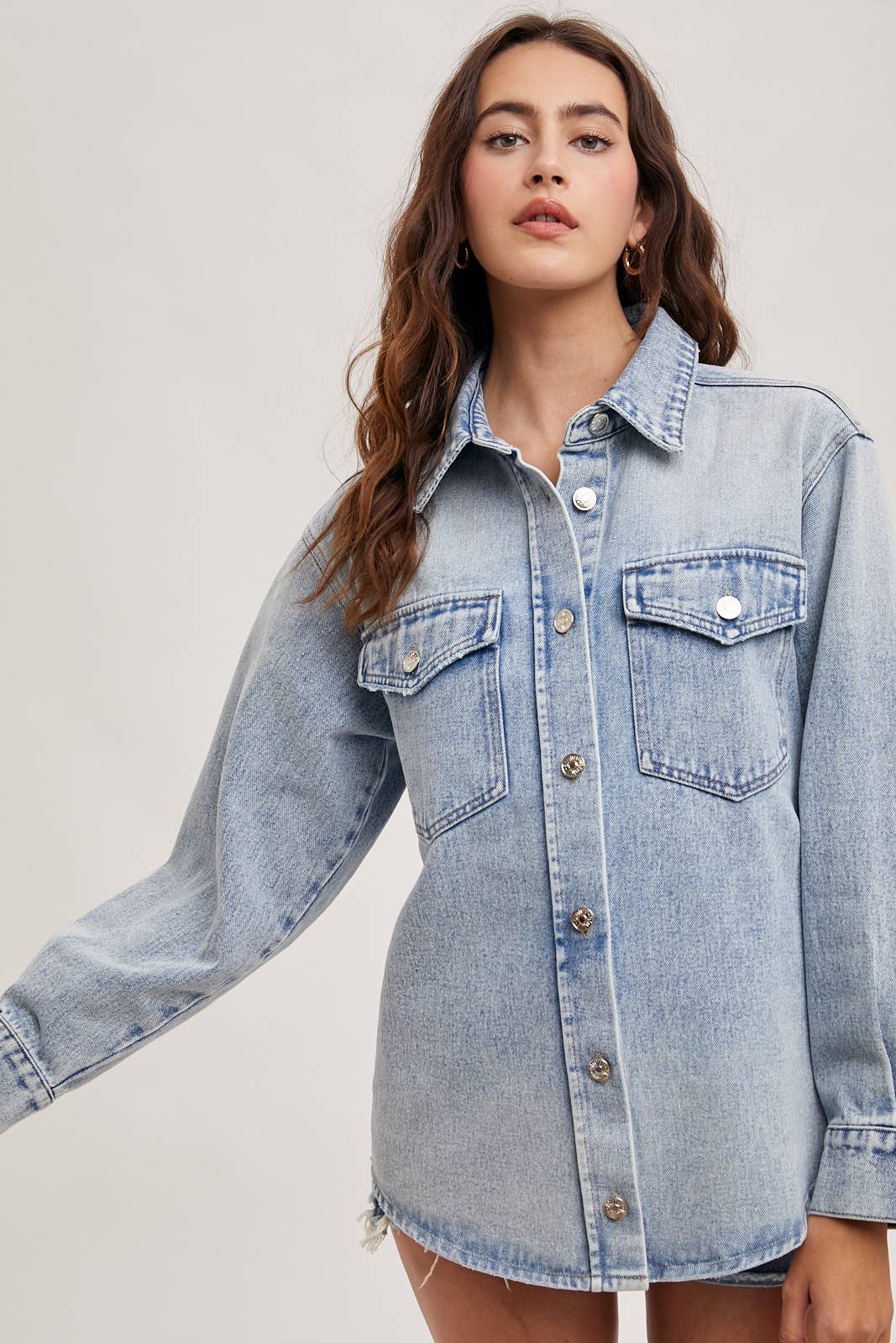 The Camille Washed Denim Shirt Jacket: Light Wash – Relaxed Button Down Shacket