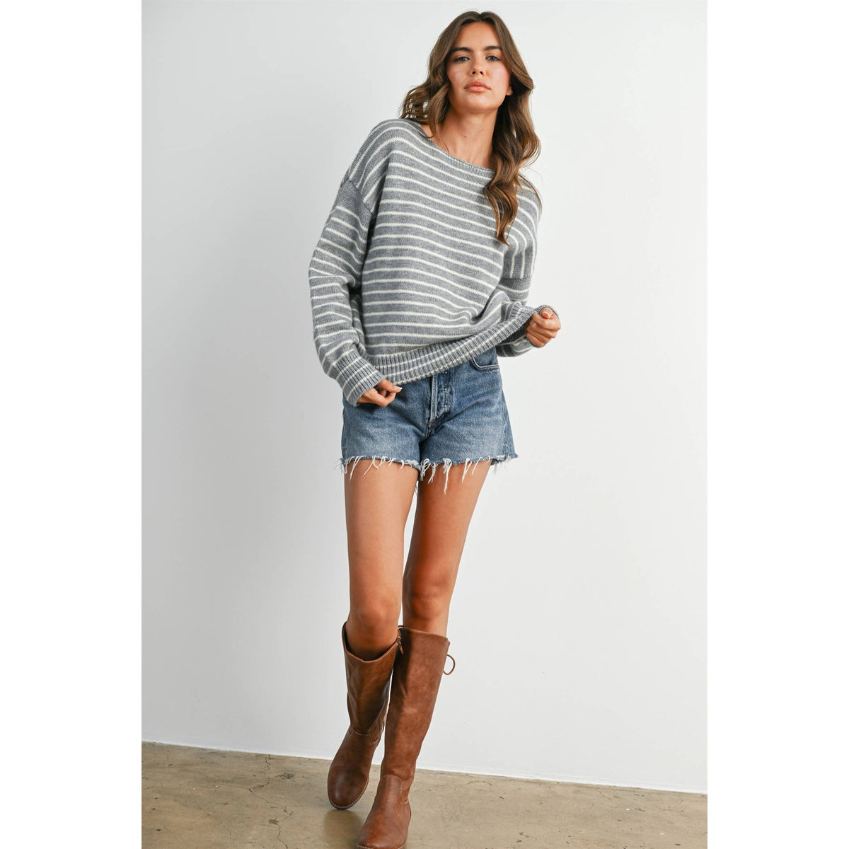 Cloud Stripe Crewneck Sweater-BMW8384: NAVY / IVORY / S