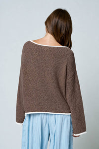 BOAT NECK CONTRAST TRIM LONG SLEEVE KNIT SWEATER : MOCHA