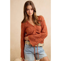 The Harvest Glow Ruched Knit Sweater: Terracotta