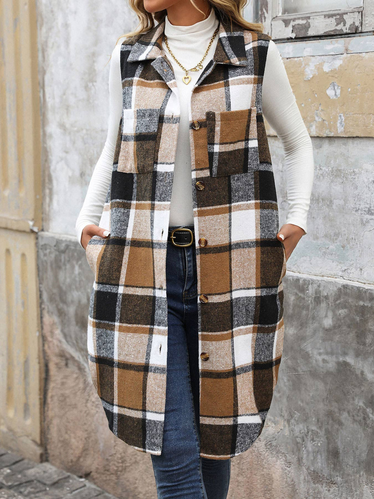 The Emery Sleeveless Plaid Longline Vest – Tan & Black Fall Layer