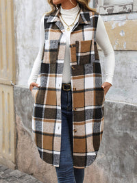 The Emery Sleeveless Plaid Longline Vest – Tan & Black Fall Layer