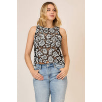 The Celeste Floral Crochet Lace Top: Black.Off White – Monochrome Sleeveless Feminine Blouse