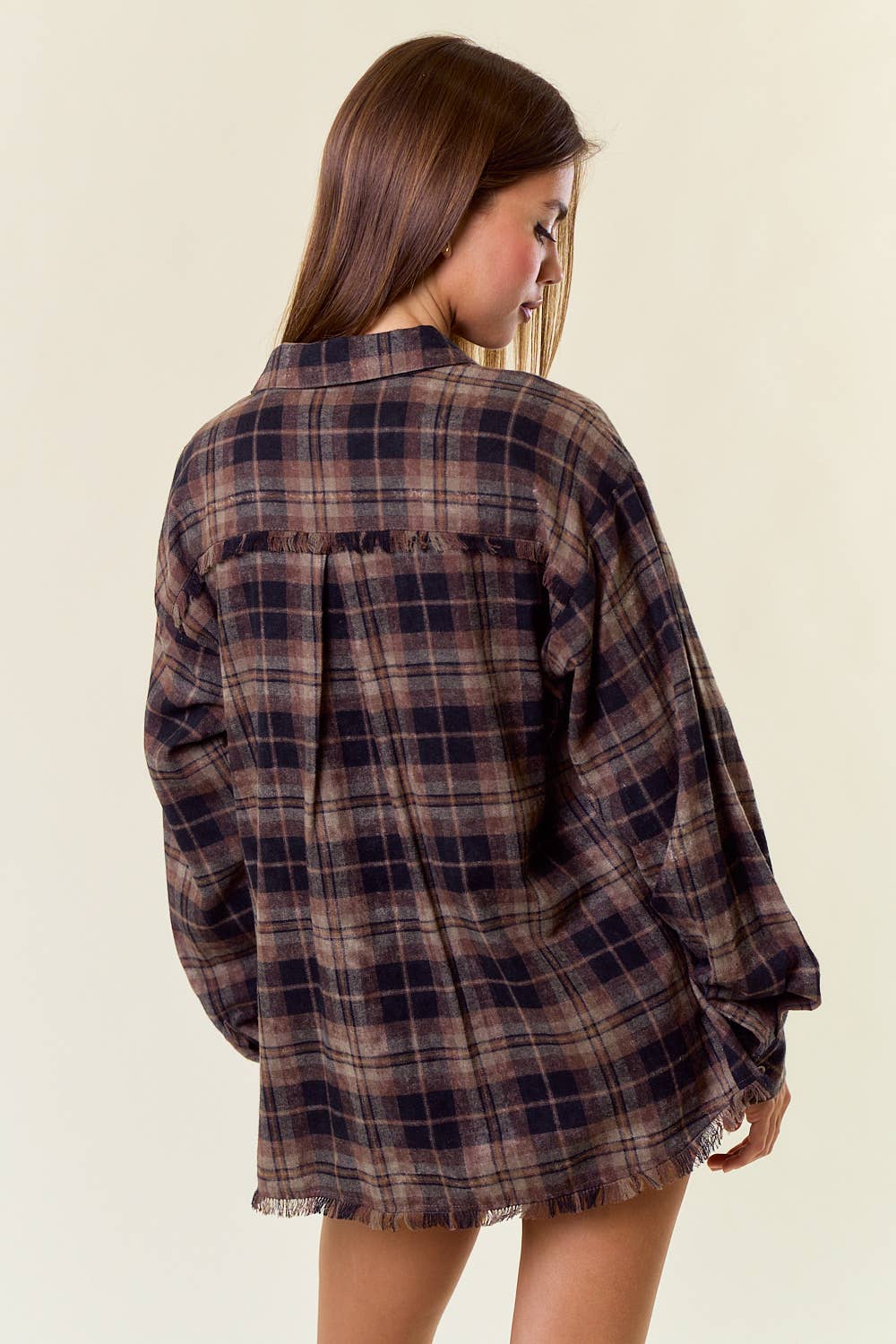 Rory Fringe Hem Flannel: Black/Brown – Oversized Plaid Button Down Shirt