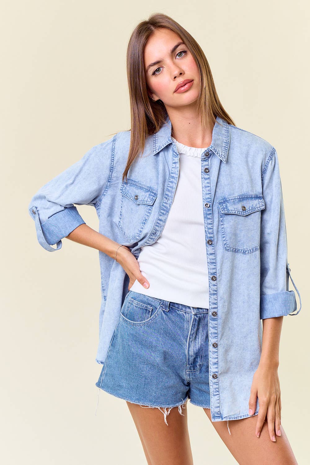 Farrah Chambray Button Down Shirt With Roll up Sleeve: Lt.Denim