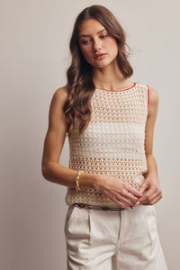 The Juniper Crochet Knit Top: Ivory Red – Sleeveless Boat Neck Lightweight Boho Tank