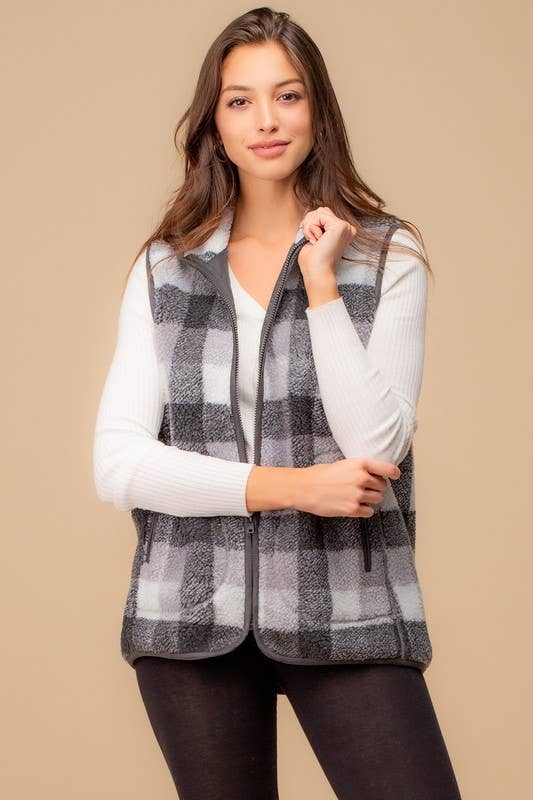 Sleigh Ride Soft and Cozy Plaid Sherpa Vest: Grey