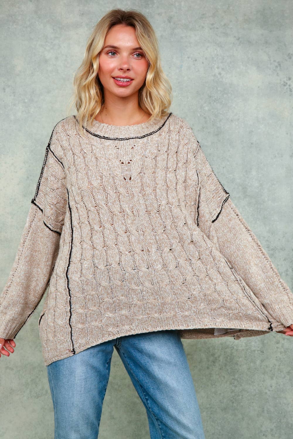Lanie Color-Stitch Cable Knit Sweater – Oversized Round Neck Pullover | Northern Belle Boutique