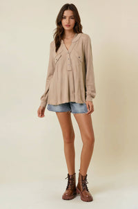 Callista Stripe Waffle Oversized Henley Top: Mushroom – Women’s Split V-Neck Long Sleeve Casual Shirt