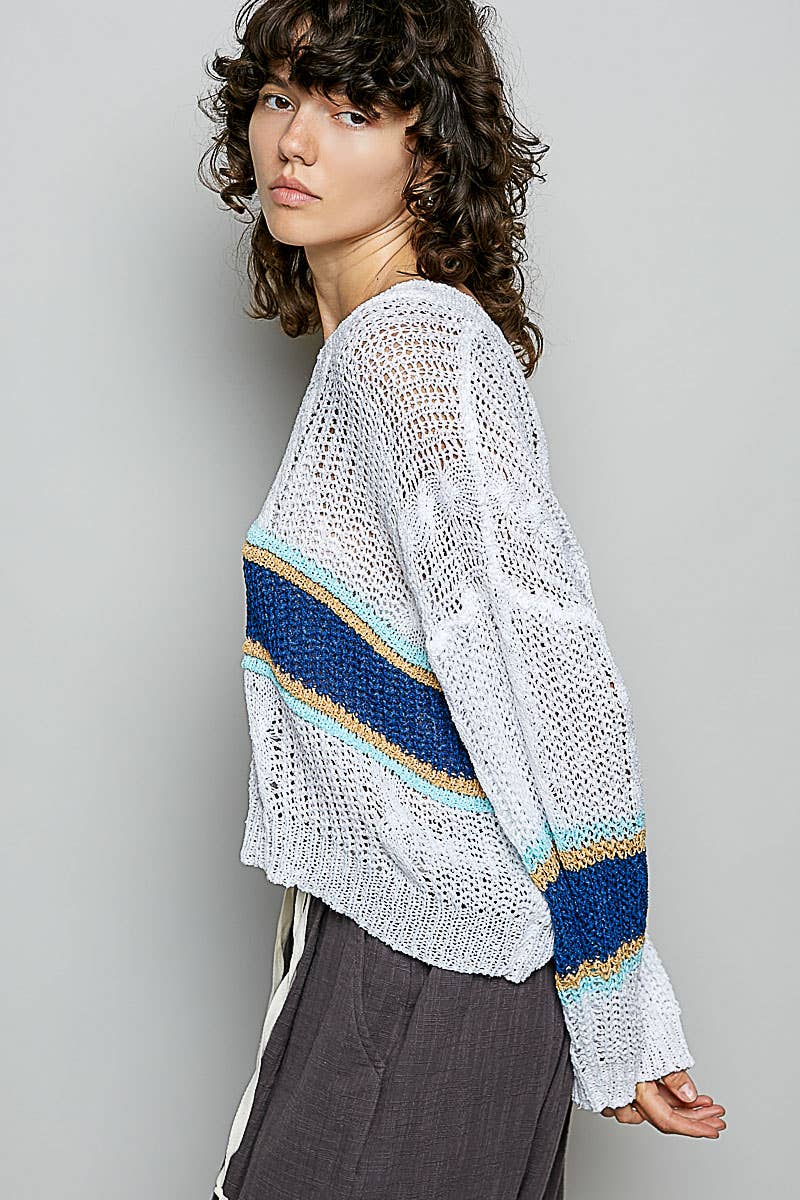 The Rowan Stripe Open Knit Sweater: Off White/  Blue