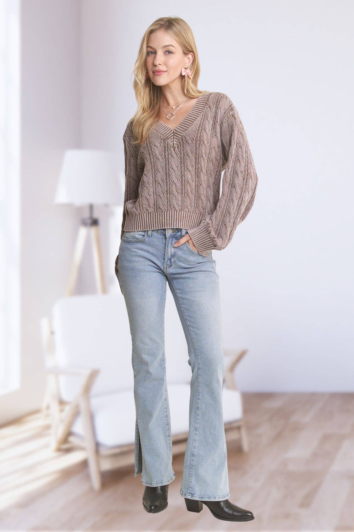 The Emery Mineral Wash Cable Knit Sweater – Mocha Taupe