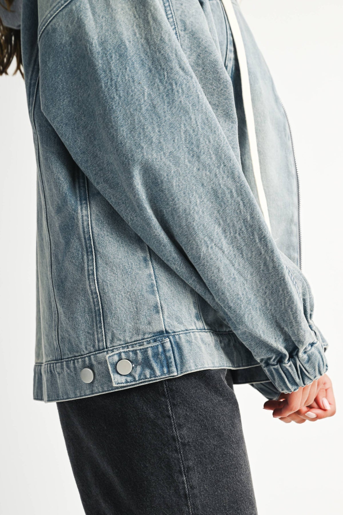 Off the Clock Mineral Wash Denim Hoodie Jacket: Light Wash