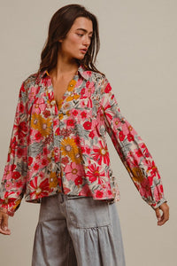 Flower Child Vibrant Floral Long Sleeve Blouse: Pink/Multi