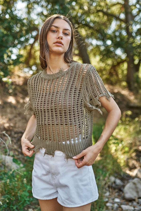 Sunny Daze Distressed Crochet Crop Top: Olive